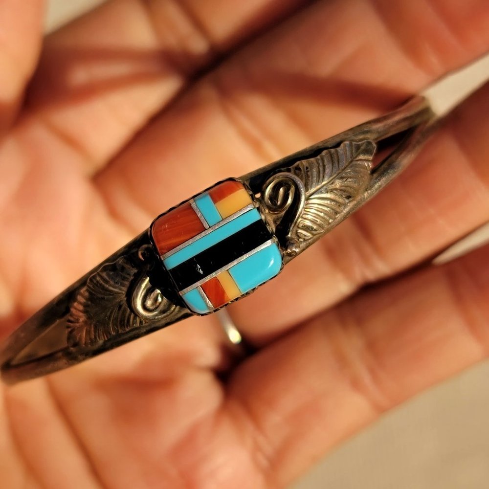 Native American 925 sterling silver square inlay squash blossom vintage bracelet - Picture 3 of 15